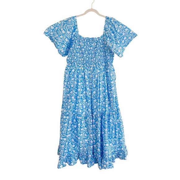 Pink City Prints Lolita Midi Dress Blue Tulip Block Print Smocked Tuckernuck - Picture 2 of 8